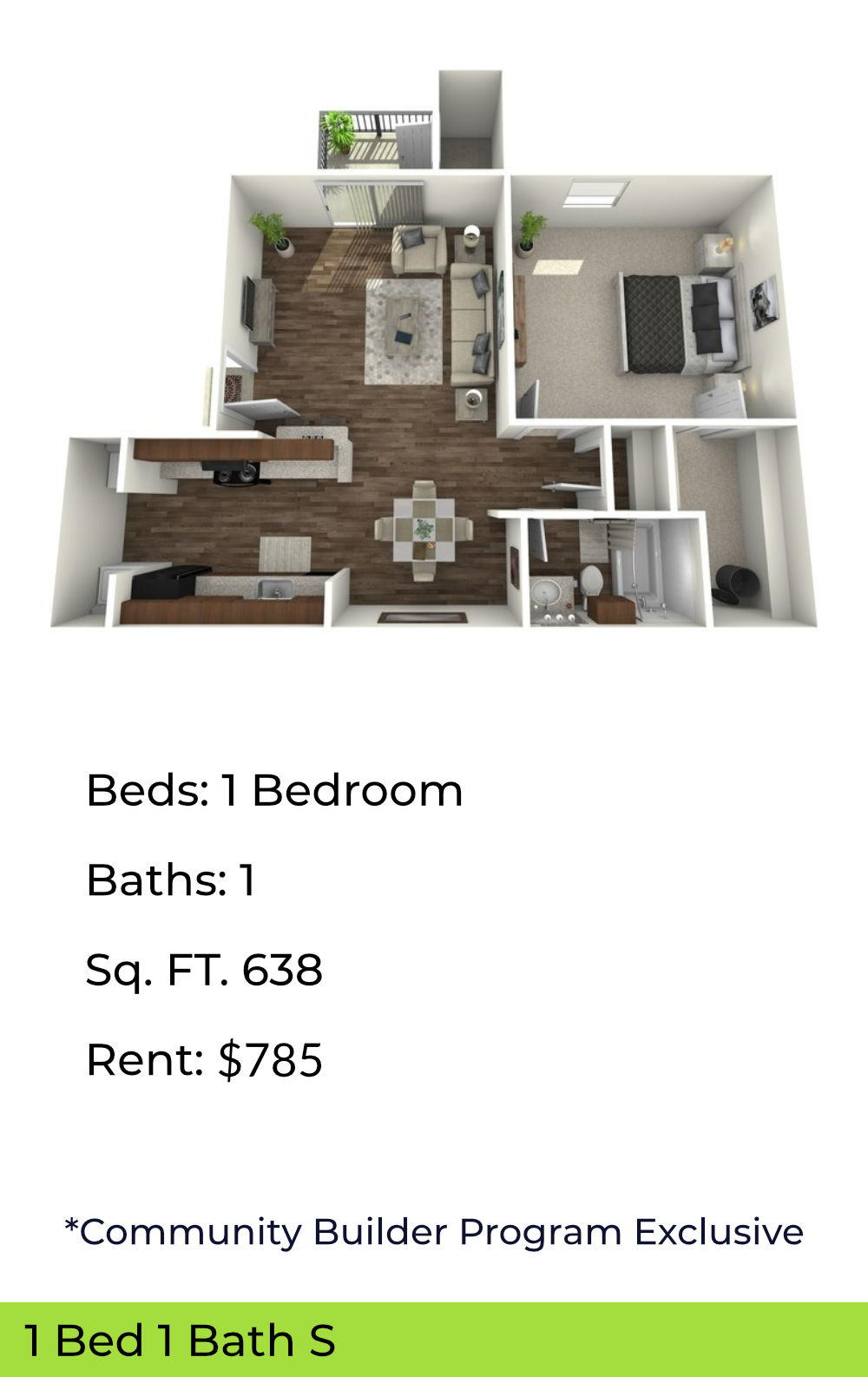 floor plan of 1 bedroom unit